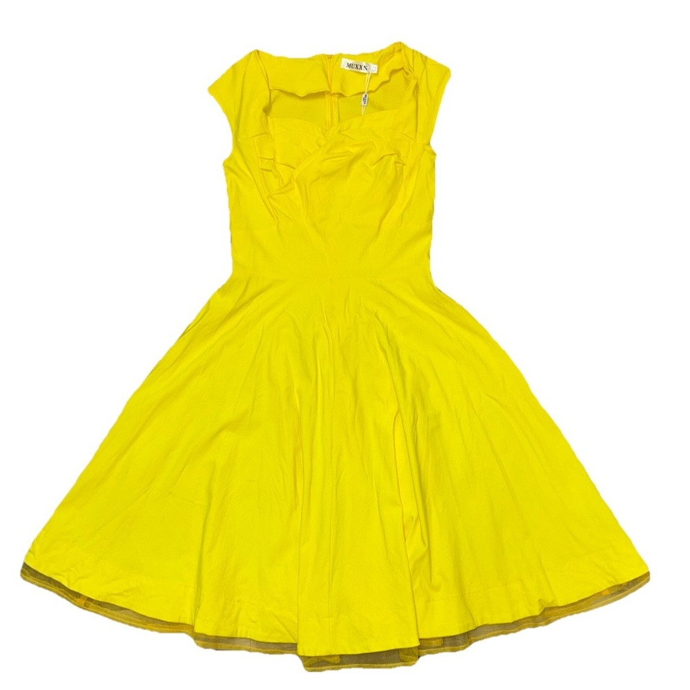 MUXXN Boutique Dress Women's 8 Yellow Tulle Trim Fit Flare Pin Up Retro NEW